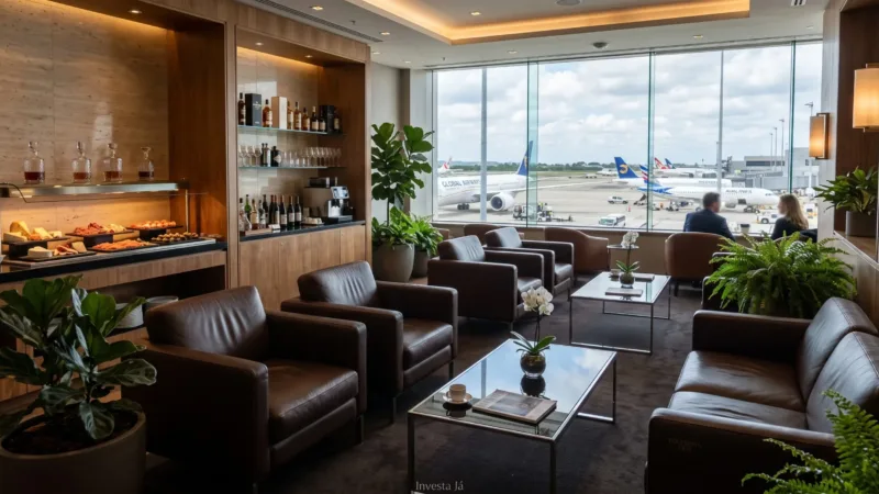 Pessoa segurando cartões de alta renda sobre mesa de aeroporto